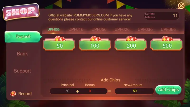 Screen showing how to deposit money in the game